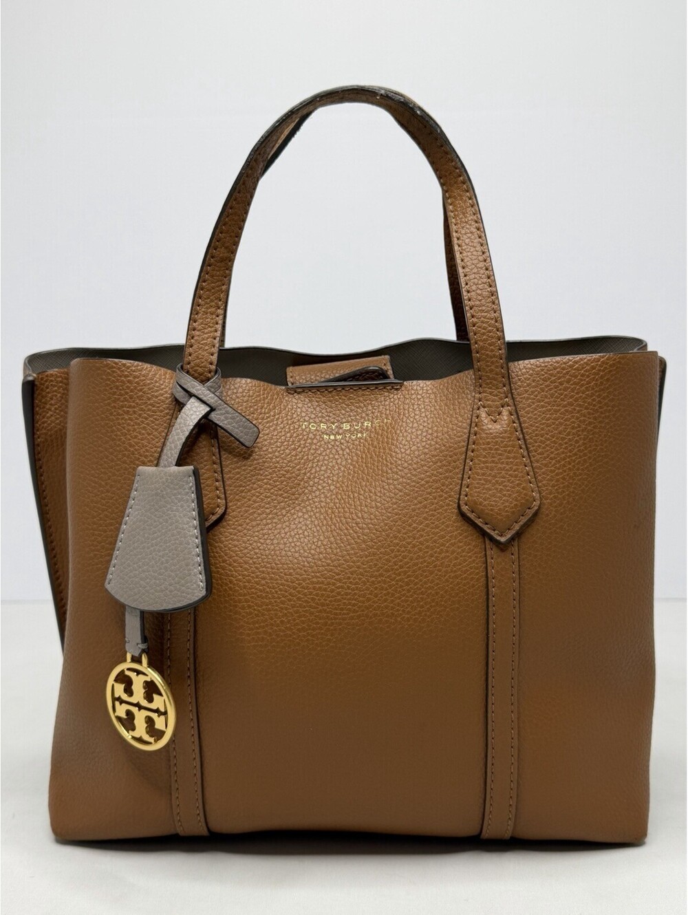 Tory Burch Perry Small Triple Compartment Tan Pebbled Leather Tote Handbag P28